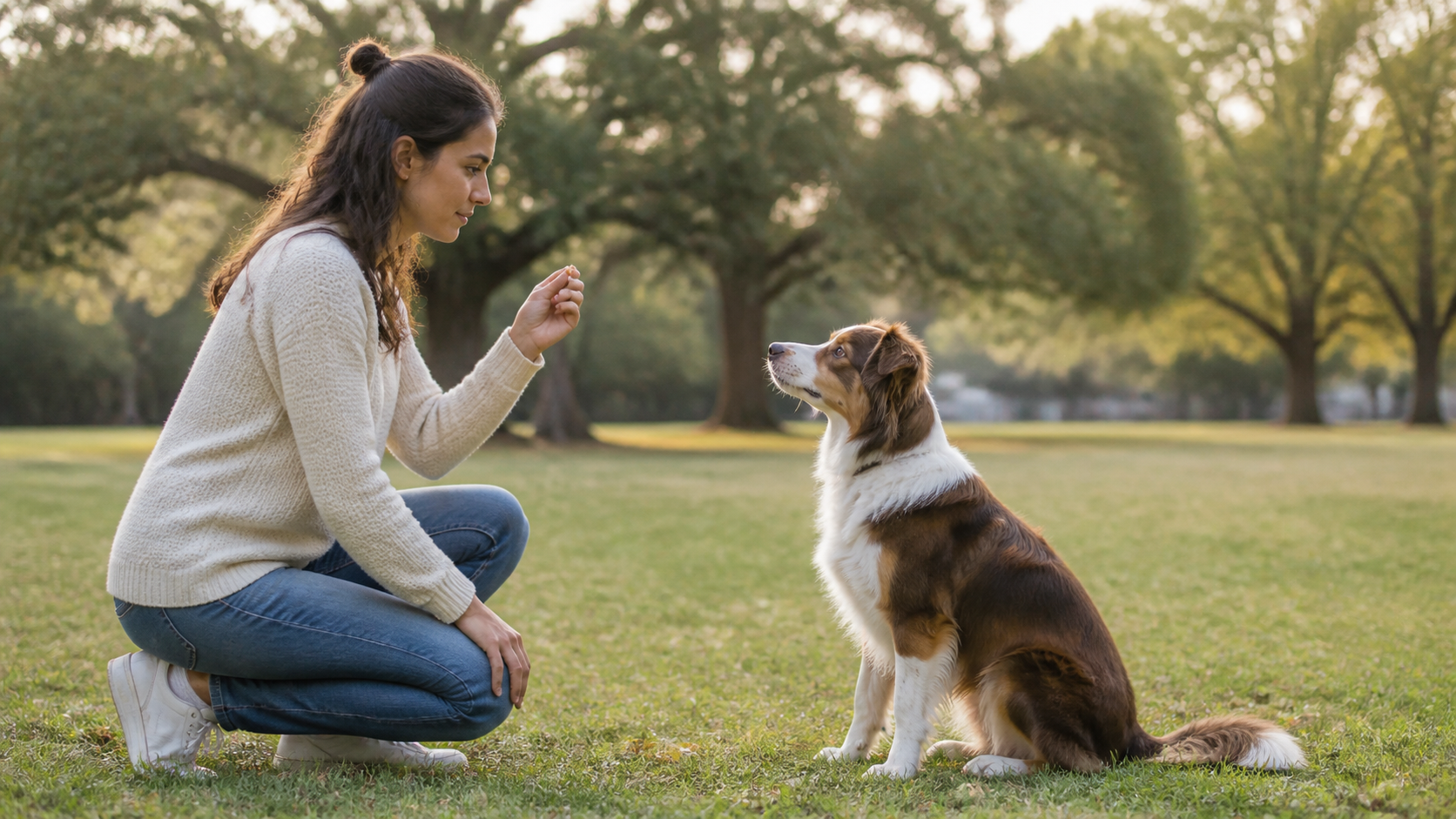 Eine Frau trainiert mit ihrem sitzenden Hund auf einer Wiese und hält ein Belohnungsstück in der Hand. (KI generiert)
