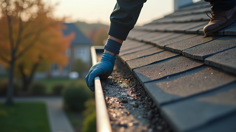 High angle view of a professional cleaning gutters on a roof