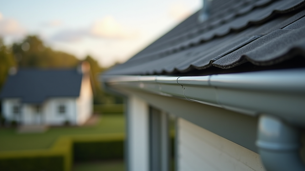 Eye-level view of a seamless gutter installed along a house roofline