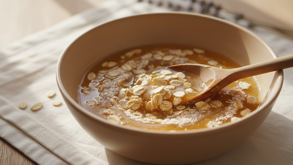Close-up view of a bowl with natural skincare ingredients like honey and oats