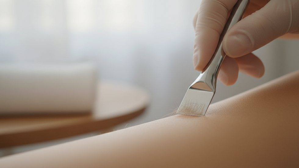 Close-up view of a dermaplaning blade gently scraping skin