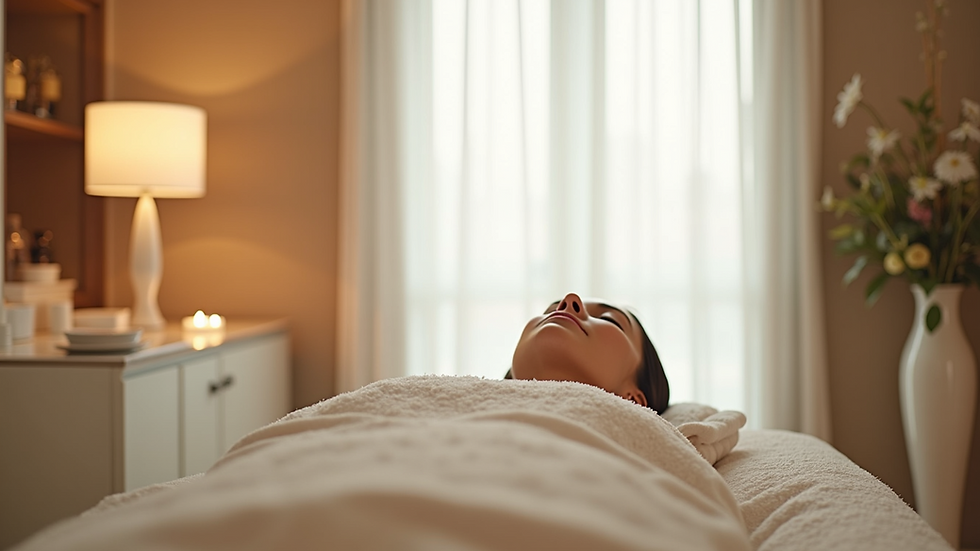 Eye-level view of a spa room with a facial treatment bed and soft lighting
