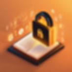 A tech-inspired 3D illustration of a secure lock surrounded by icons like books, coding sy