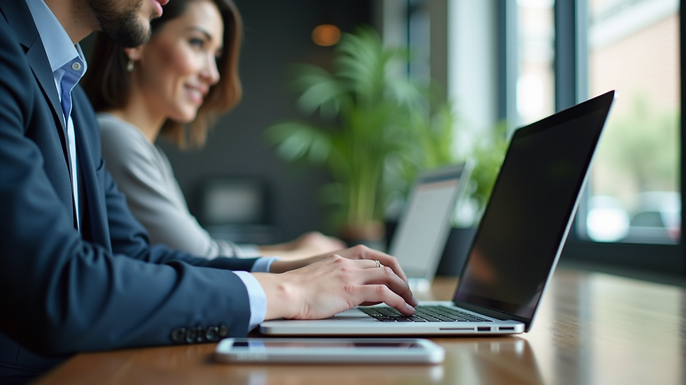Close-up view of a business owner working on a laptop in a modern office