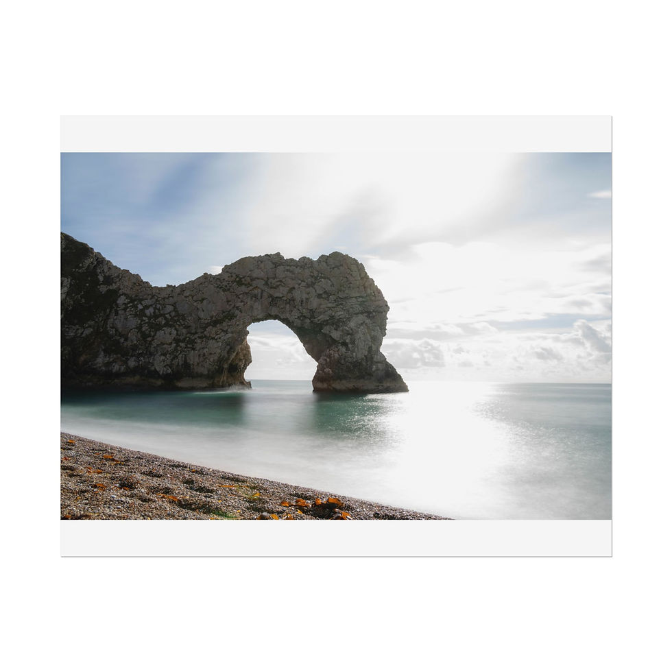 Thumbnail: Durdle Door rock arch seascape with calm water and bright sun