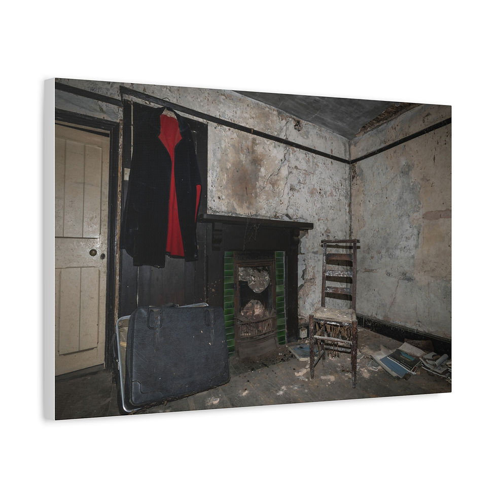 Thumbnail: Derelict room with fireplace, old chair, suitcase, and hanging red jacket.