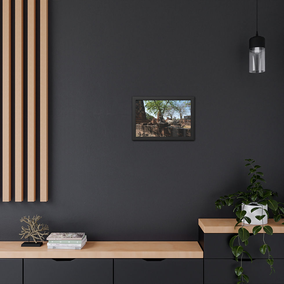 Thumbnail: Framed artwork of outdoor scene on dark wall above wooden shelf.
