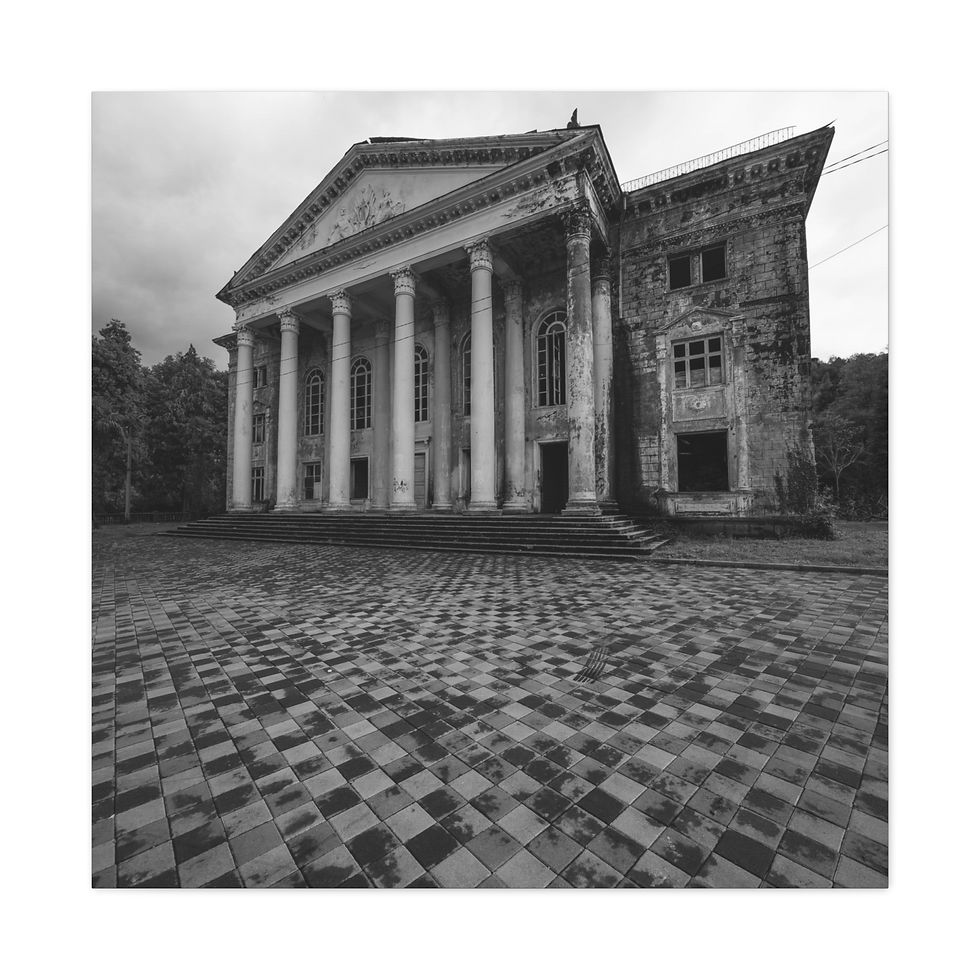 Thumbnail: Ornate, abandoned classical building with large columns, black and white photo.