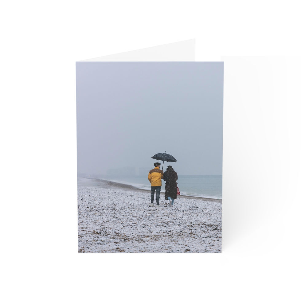 Thumbnail: Two people walking with umbrella on snowy beach, misty day.