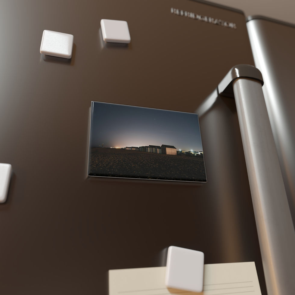 Thumbnail: Magnetic photo on fridge shows night landscape, building, distant lights.