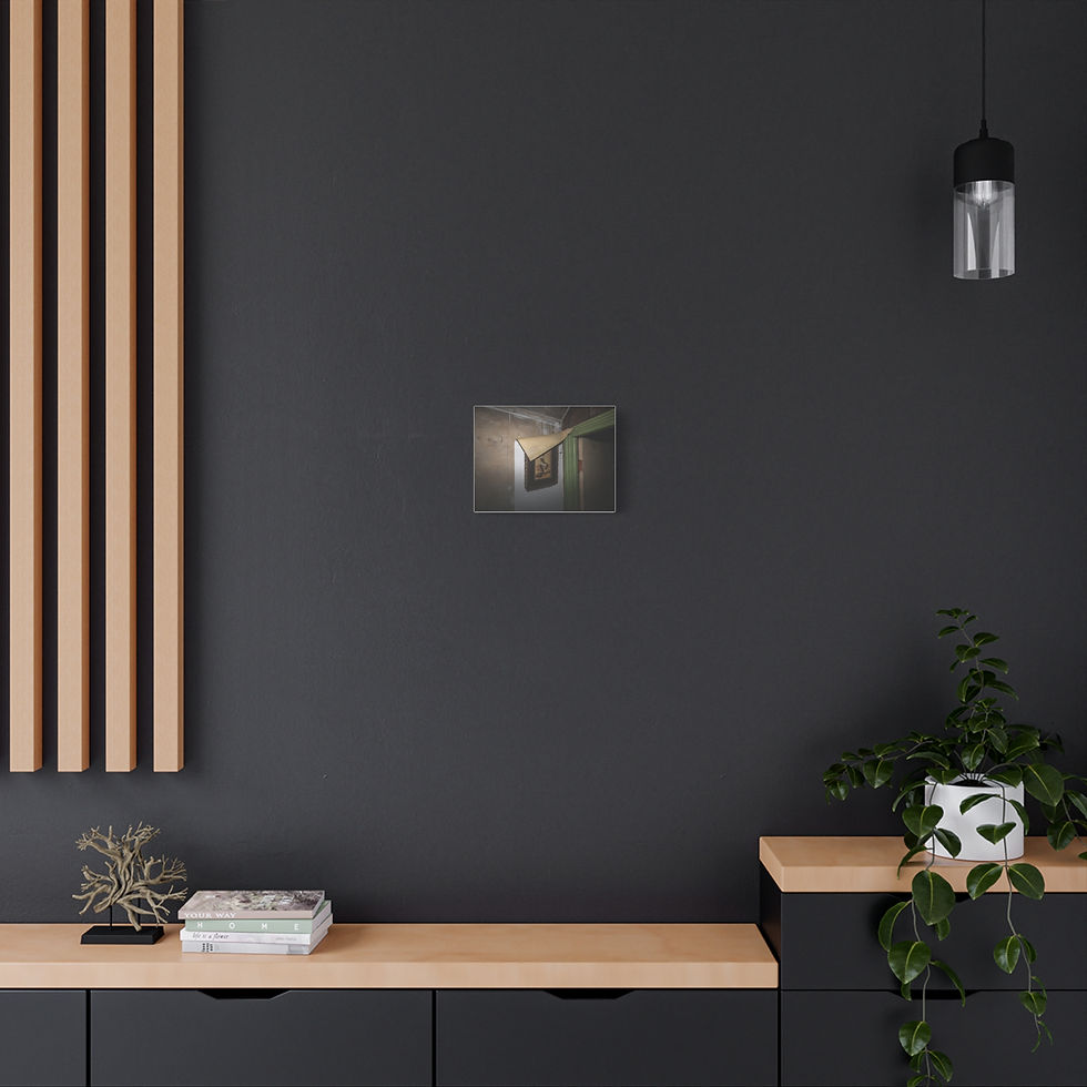 Thumbnail: Abstract wall art of a distorted corridor hanging on a dark wall.