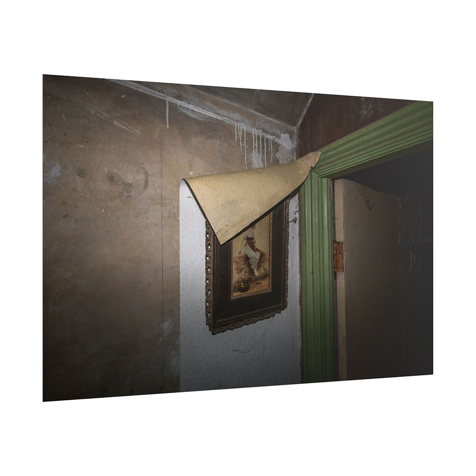 Thumbnail: Old framed artwork on dim, peeling wall by green door frame.