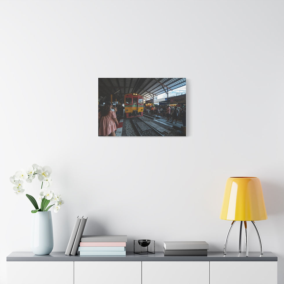 Thumbnail: Canvas Print - Maeklong Railway Market in Thailand, train approaching busy stalls.