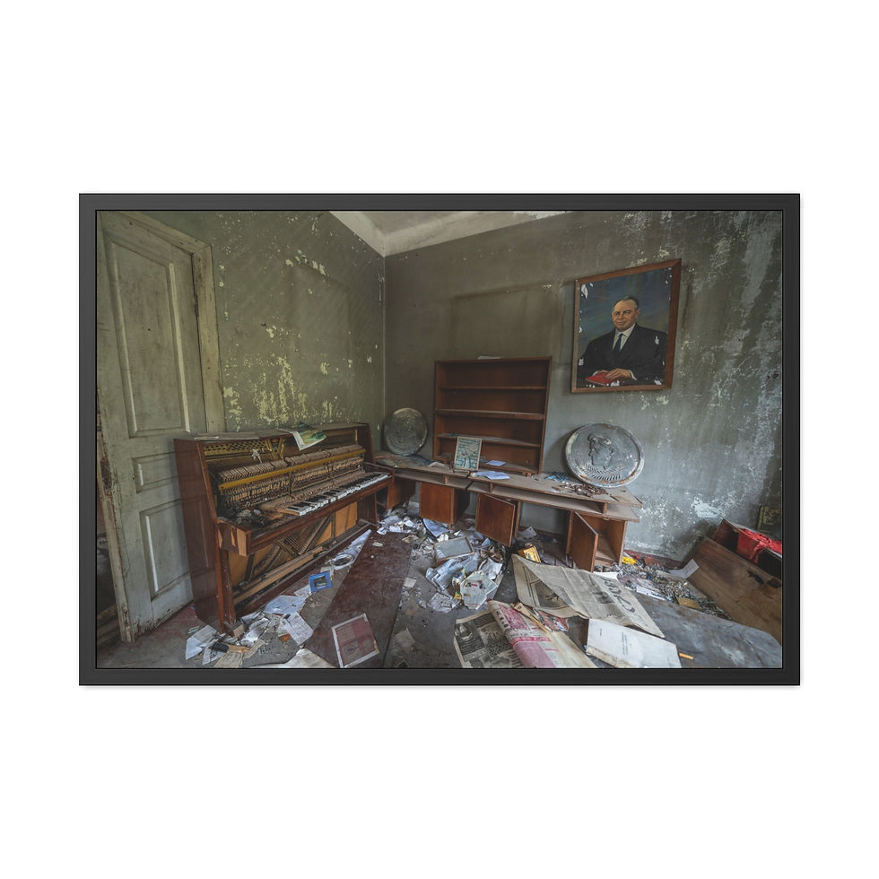Thumbnail: Decaying room with broken piano, desk, portrait, and scattered debris.