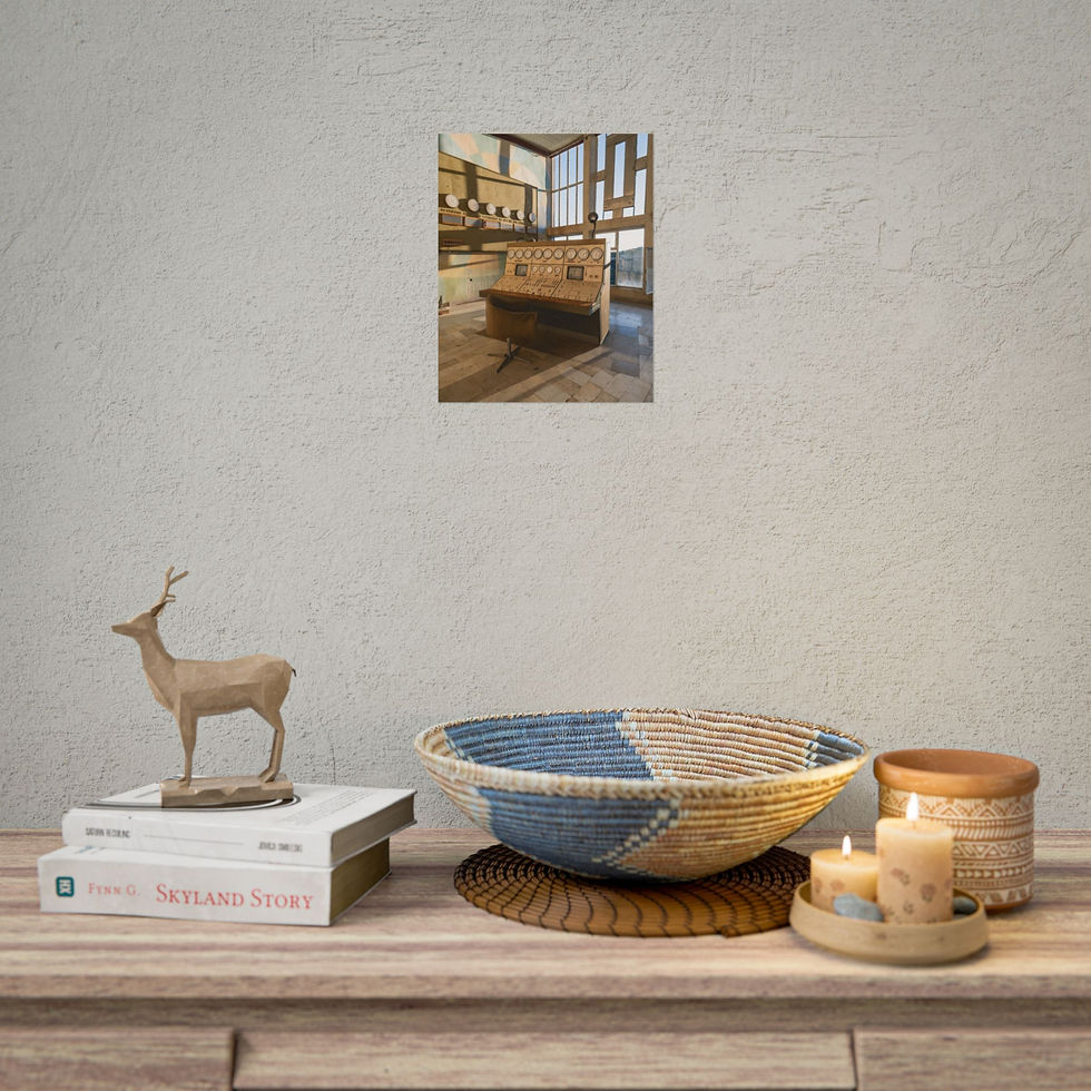 Thumbnail: Framed artwork of sunlit room interior above decorative deer, books, woven bowl.