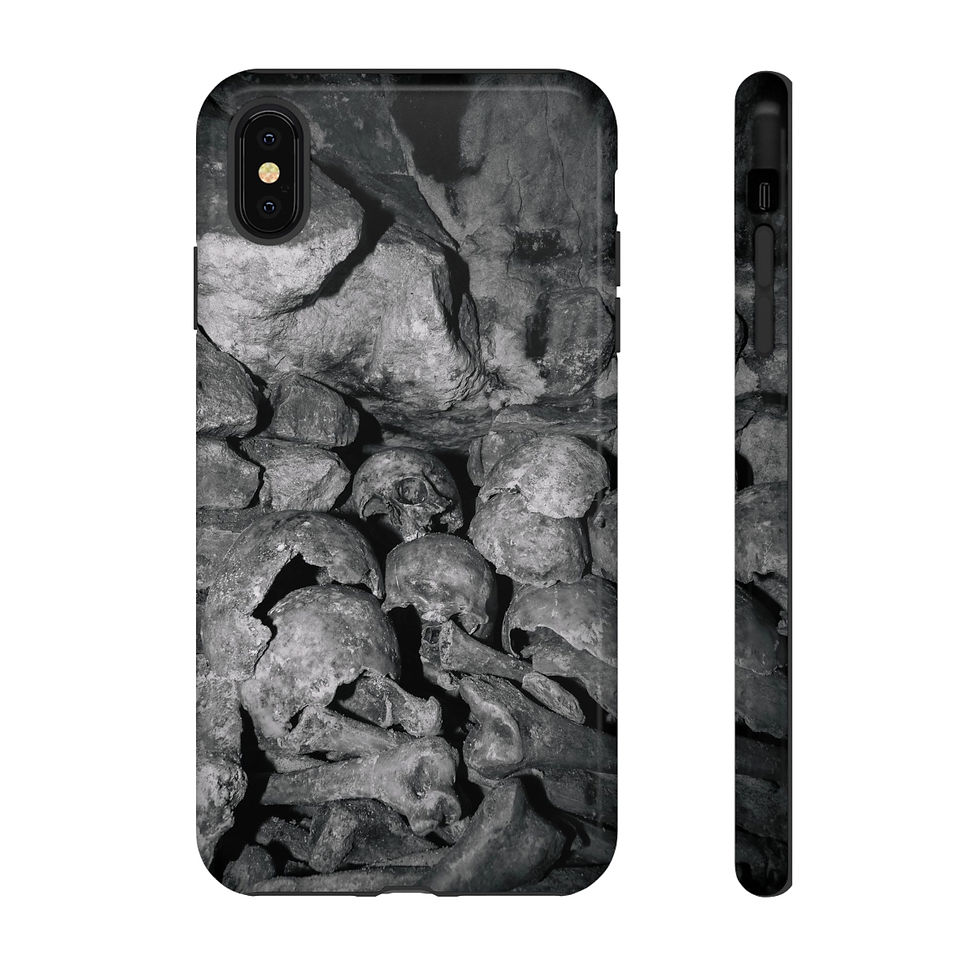 Thumbnail: Dark phone case featuring a macabre design of stacked skulls and bones.