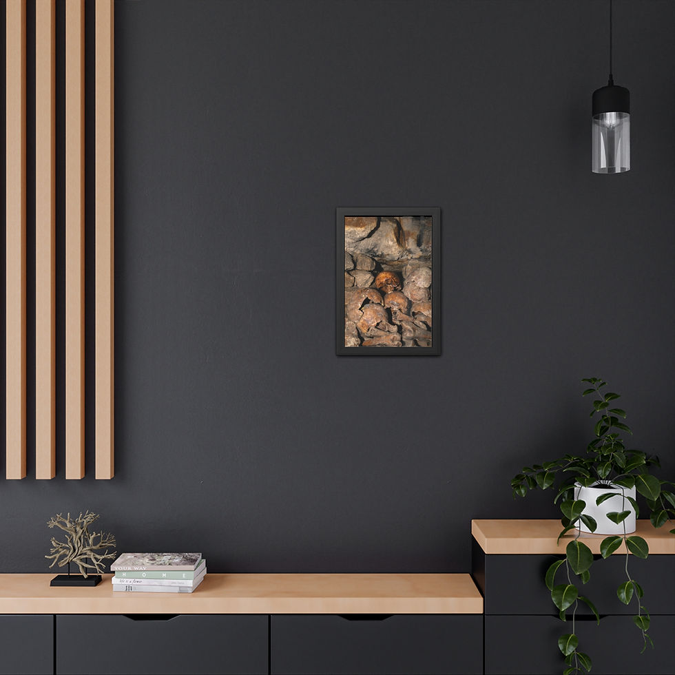 Thumbnail: Abstract brown and orange canvas art on dark wall above cabinet.