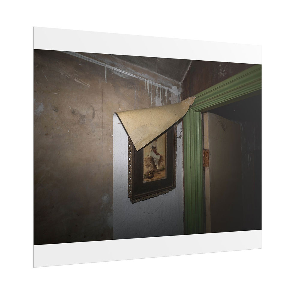 Thumbnail: Old framed picture on a decaying wall with peeling wallpaper.