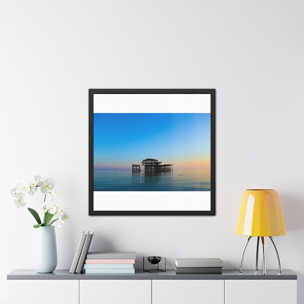 Thumbnail: Framed art: tranquil pier over water at sunset, home decor setting.