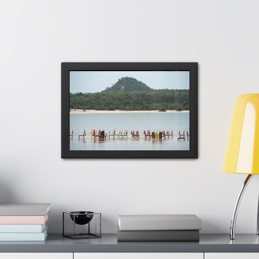 Thumbnail: Framed Poster - Tapajós River Sunrise Tree | Beach Wall Art, people wading.