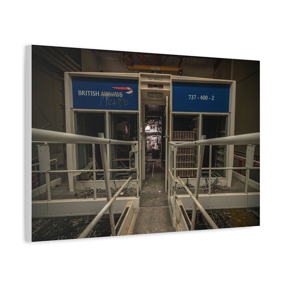 Thumbnail: Abandoned British Airways jet bridge with "737-400-J" sign.