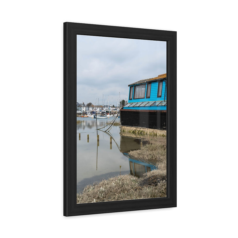 Thumbnail: Black framed poster of blue houseboat on calm river, cloudy sky.
