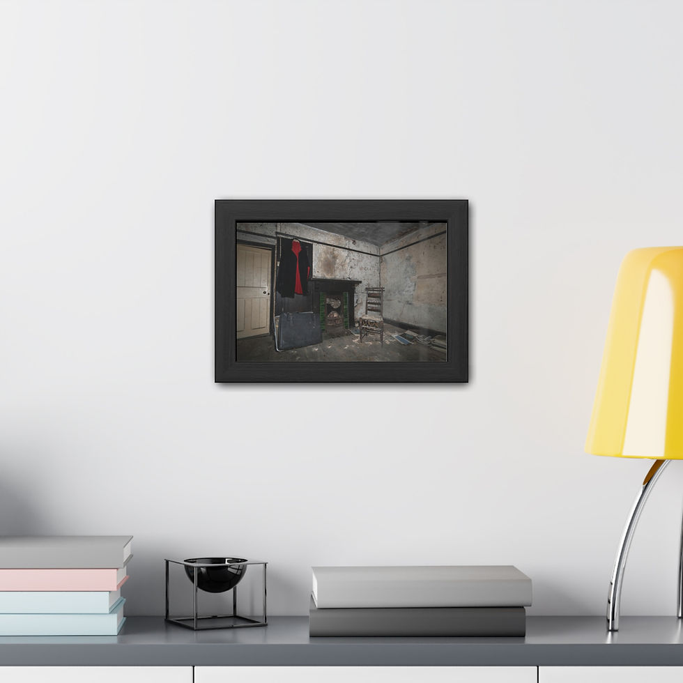 Thumbnail: Framed print: decaying abandoned room interior with fireplace, red symbol.