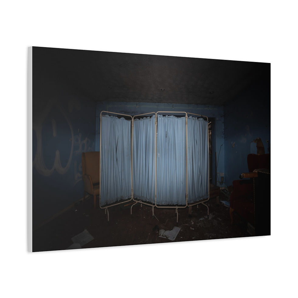 Thumbnail: Abandoned, dark room with a tattered privacy screen and graffiti.