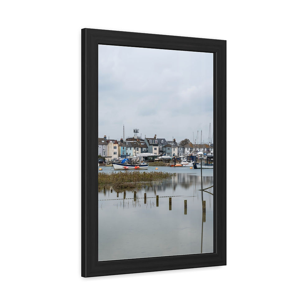 Thumbnail: Framed picture of tranquil harbor with boats and waterfront houses, cloudy sky.
