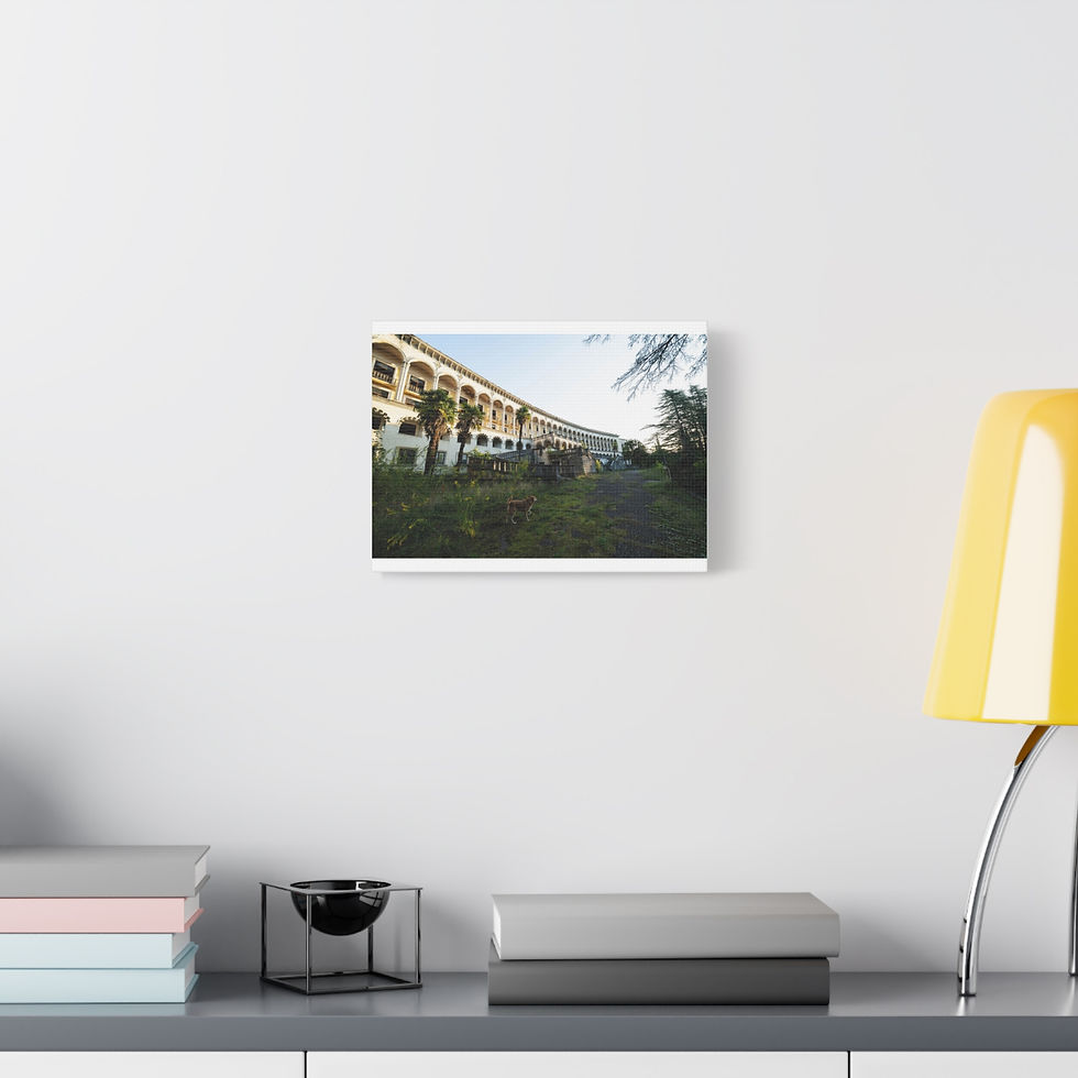 Thumbnail: Canvas print of a large white building, many windows, surrounded by green foliage.