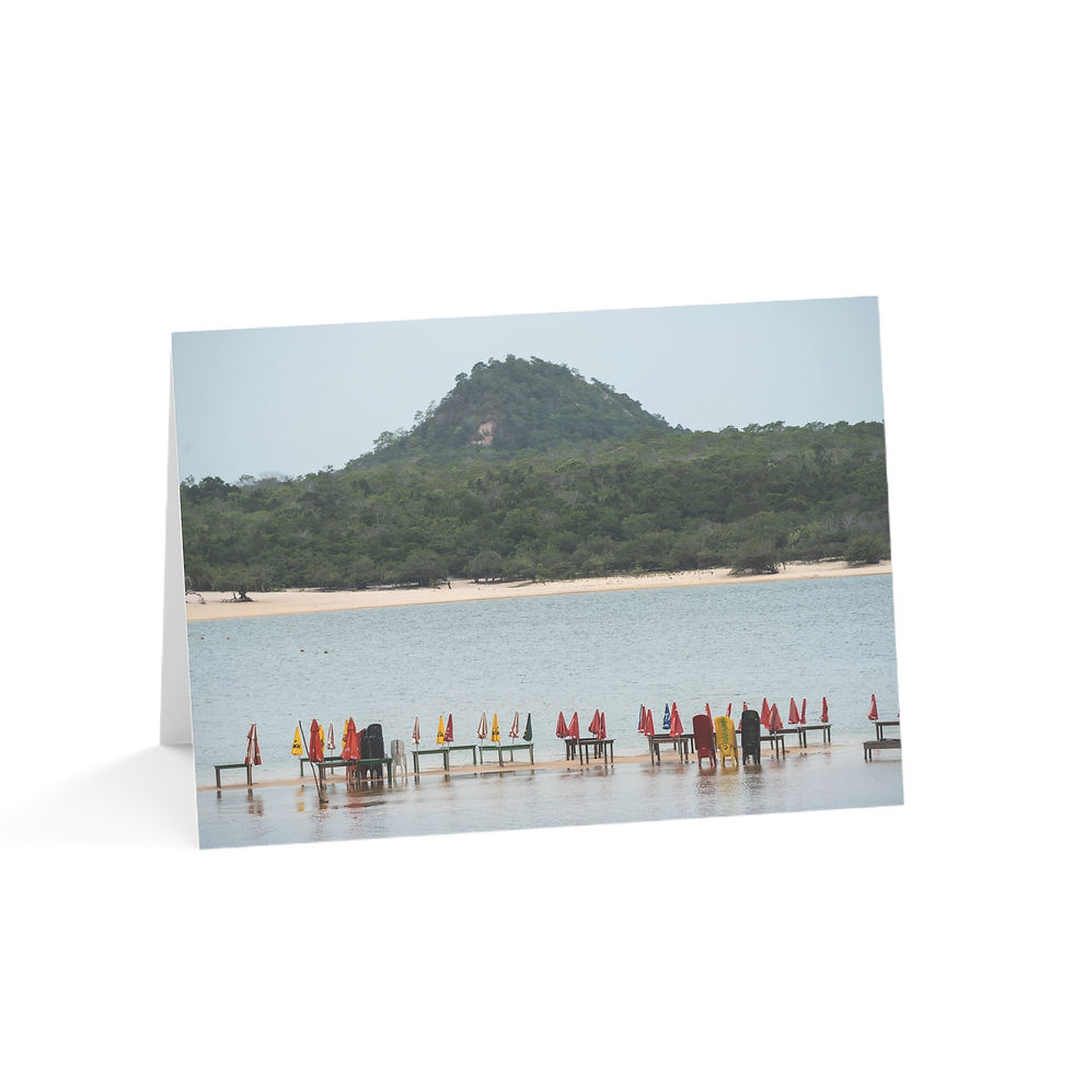 Thumbnail: Greeting card featuring colorful beach umbrellas, calm water, and green mountain.