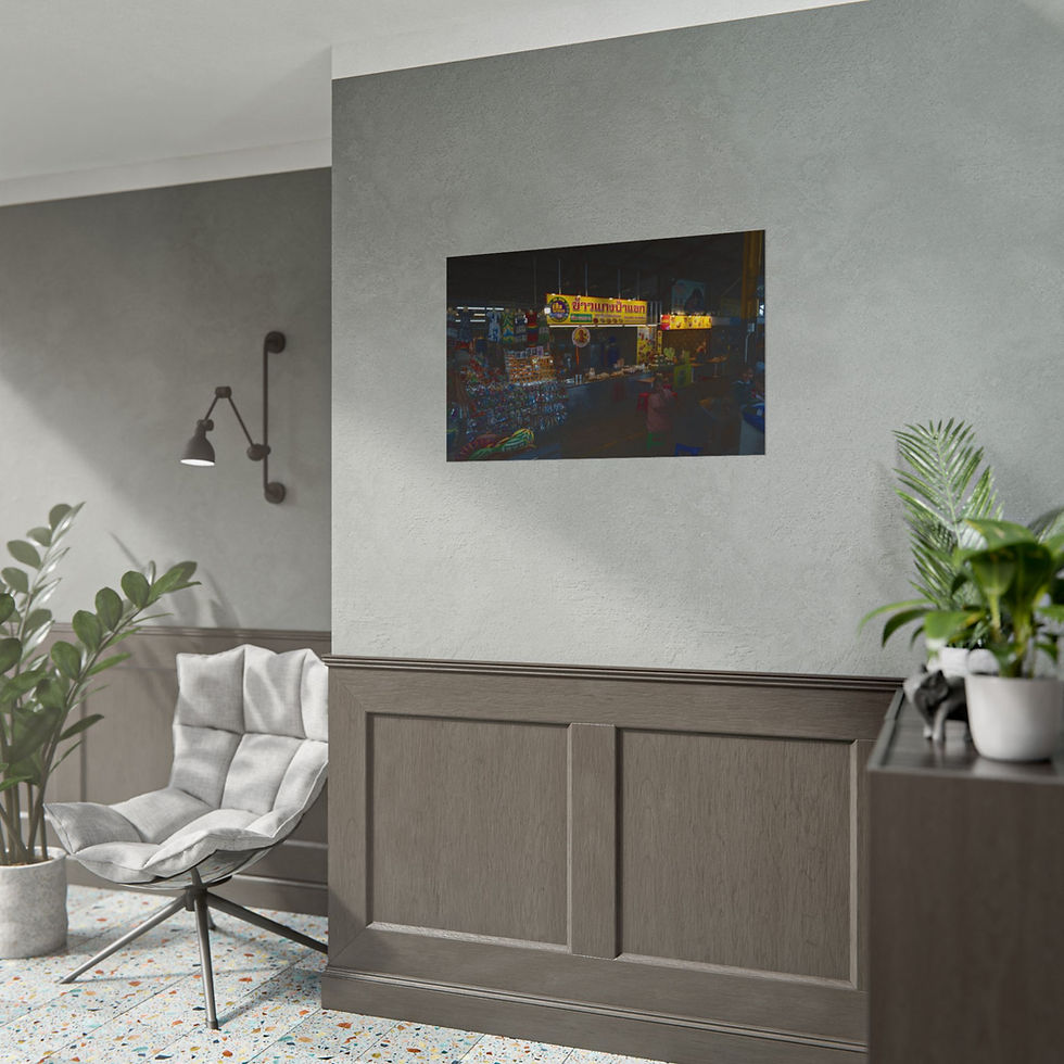 Thumbnail: Modern living room with grey walls, armchair, plants, and vibrant night artwork.