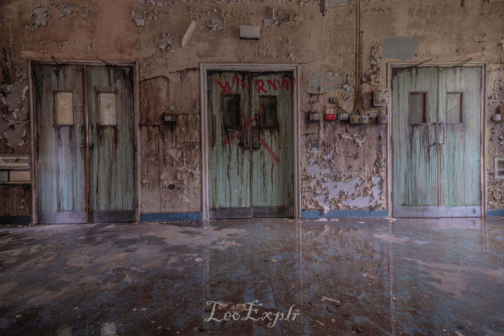 Three doors in a hospital room with peeling wallpaper that makes them look like they're bleeding. 