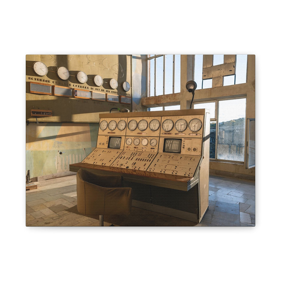 Thumbnail: Abandoned industrial control panel with many gauges and wall clocks.