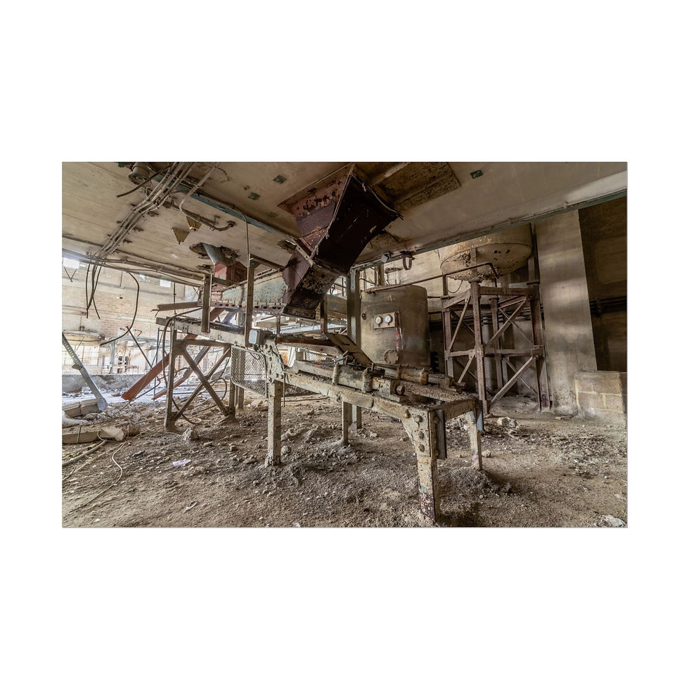 Thumbnail: Abandoned factory interior, featuring old conveyor belts and decaying industrial machinery.
