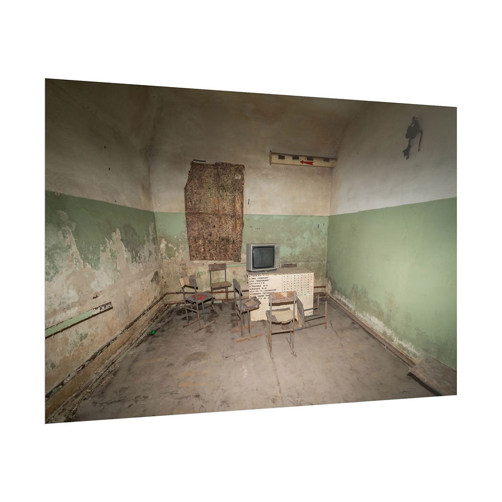 Thumbnail: Abandoned, derelict room with old TV, peeling paint, broken chairs.