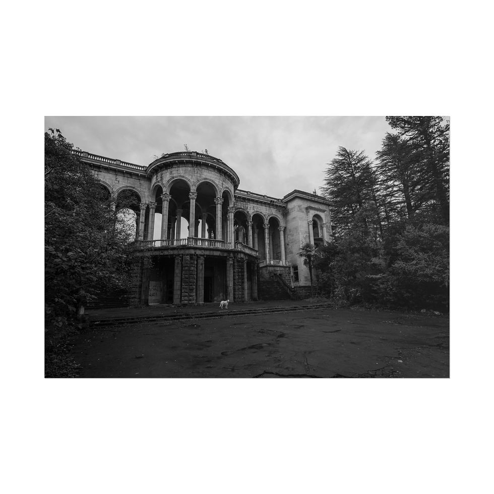 Thumbnail: Black and white abandoned neo-classical mansion with overgrown trees and spooky atmosphere.