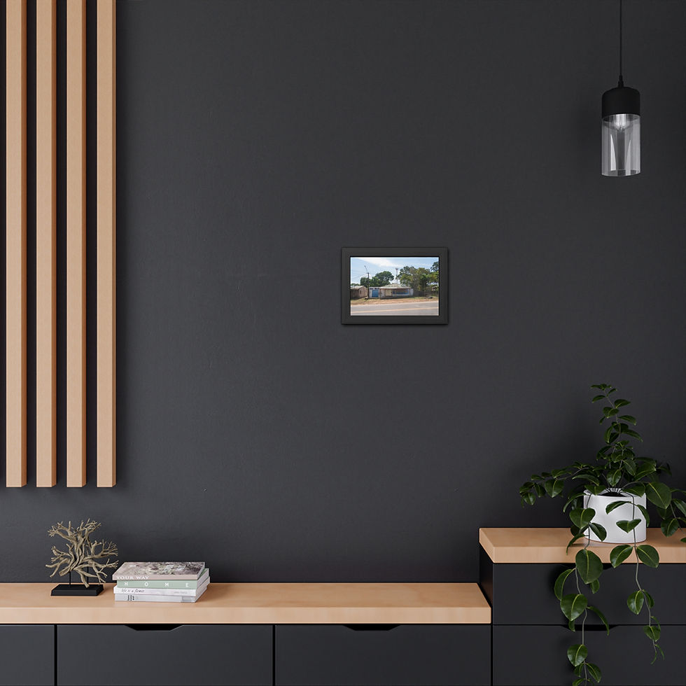 Thumbnail: Small framed landscape art on dark wall in modern room with decor.