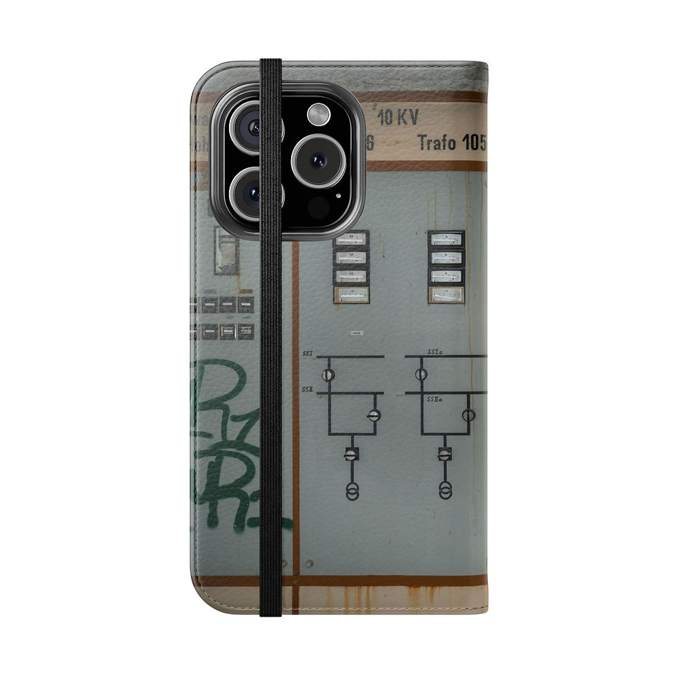 Thumbnail: Phone flip case, industrial panel design with '10 KV', 'Trafo 100', graffiti.