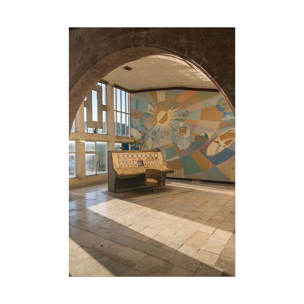 Thumbnail: Mid-century console in sunlit hall with large windows and mosaic mural.