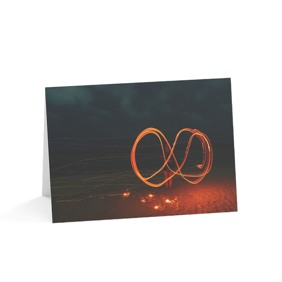 Thumbnail: Greeting card with illuminated orange infinity symbol light painting on dark background.