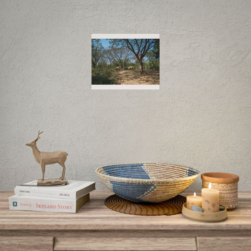 Thumbnail: Framed desert landscape print above deer figurine, woven bowl, and lit candles.