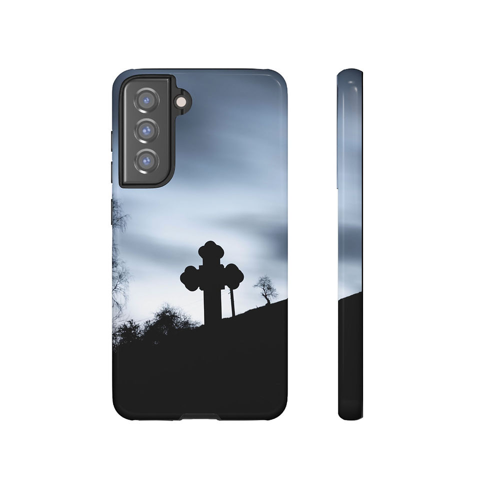 Thumbnail: Smartphone case with silhouette of cross on hill against cloudy sky.