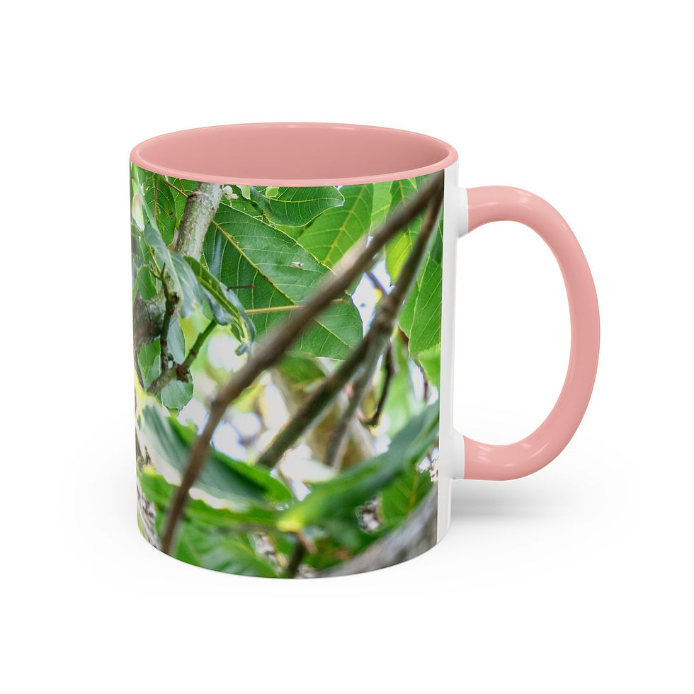 Thumbnail: Pink-handled coffee mug with green foliage and branches print.