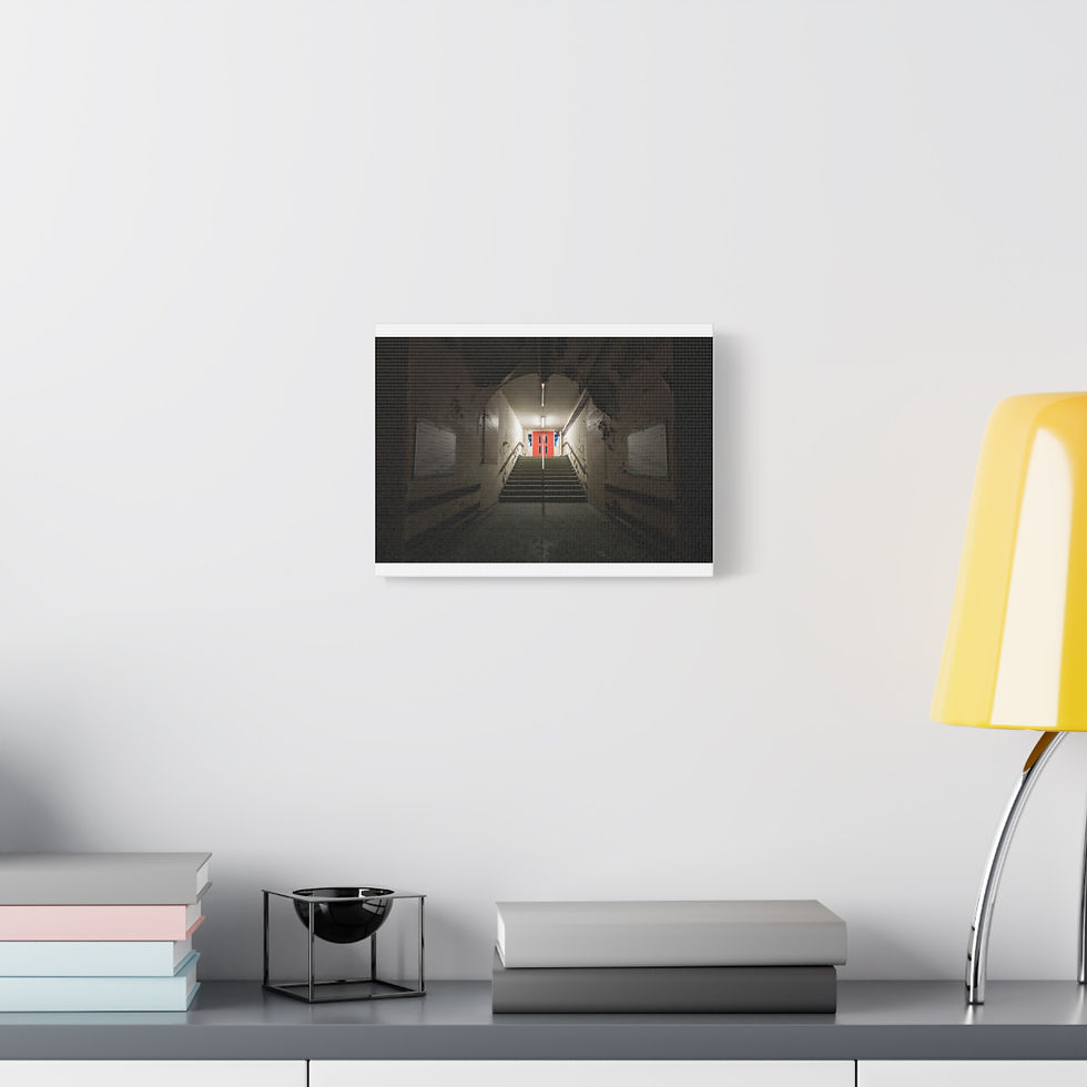 Thumbnail: Dark, mysterious tunnel leading to a bright red light; canvas print.