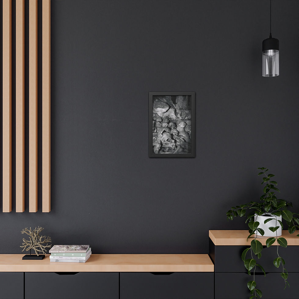 Thumbnail: Black and white abstract framed art on dark gray wall above cabinet.