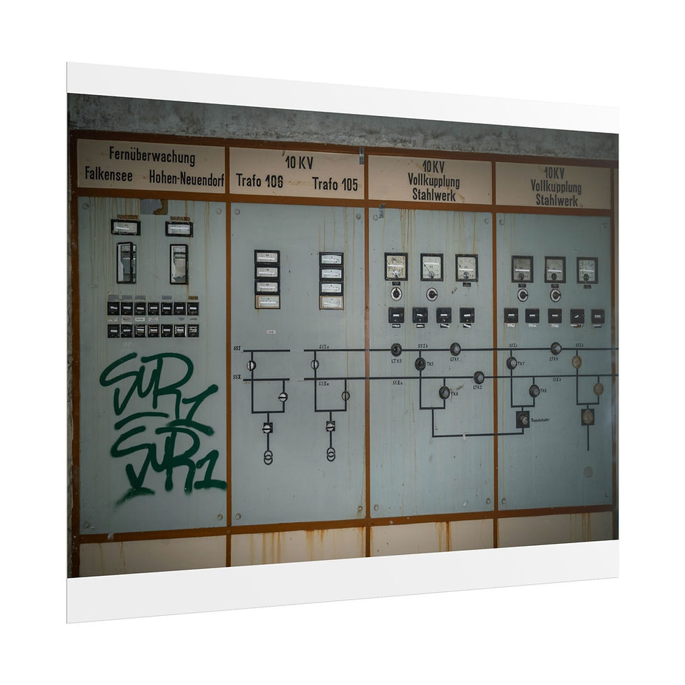 Thumbnail: Industrial control panel, Funkverwaltung, Militärische Software, and SUPR graffiti.