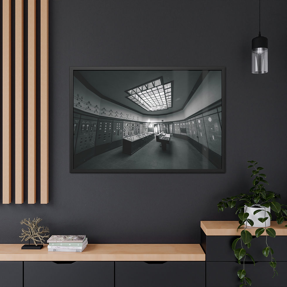 Thumbnail: Monochrome architectural corridor: receding display cases, bright ceiling grid lights.