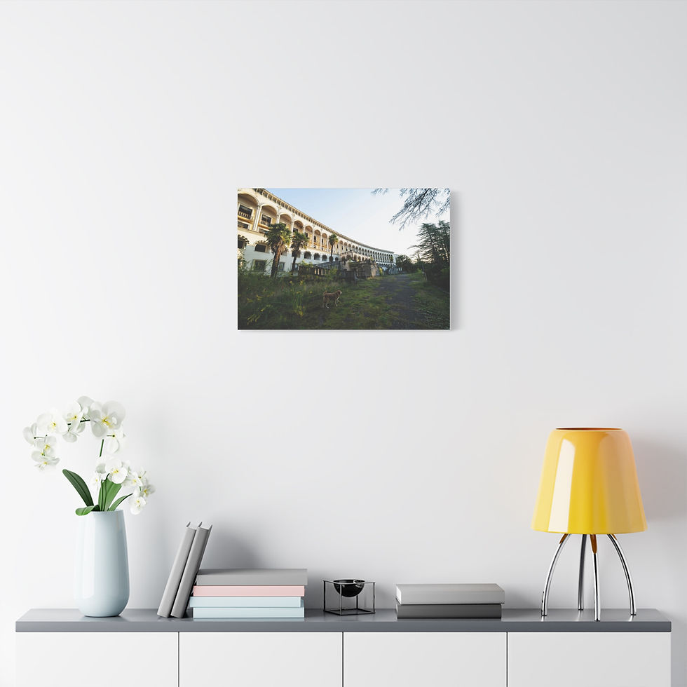 Thumbnail: Canvas print of building with arches and plants on white wall.