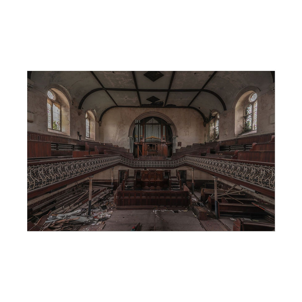 Thumbnail: Abandoned church interior with decaying balconies and debris.